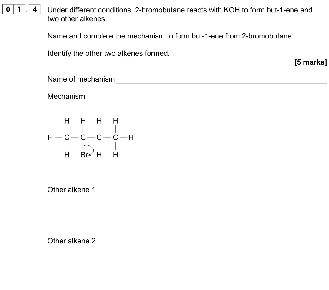 June 2025 AS Paper 2, question 01.4: Under different conditions, 2-bromobutane reacts with KOH to form but-1-ene and two other alkenes. Name and complete the mechanism to form but-1-ene from 2-brom