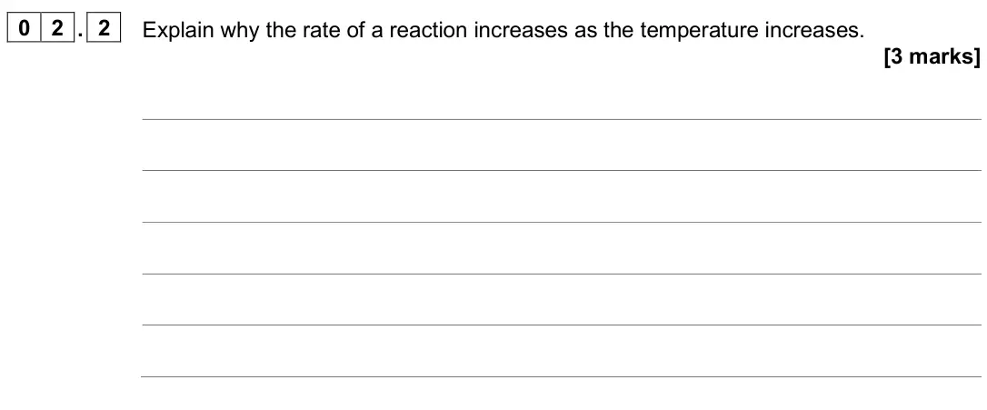 June 2025 AS Paper 2, question 02.2: Explain why the rate of a reaction increases as the temperature increases. [3 marks]