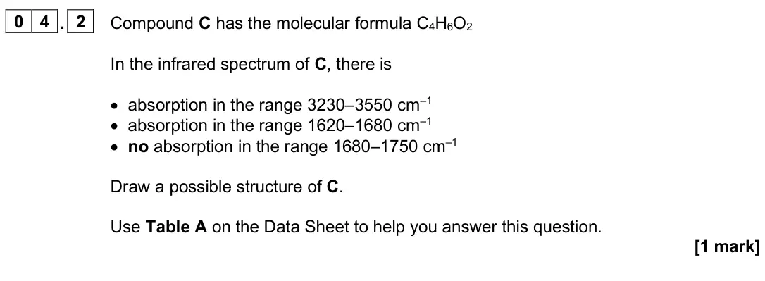 June 2025 AS Paper 2, question 04.2: Compound C has the molecular formula C4H6O2 In the infrared spectrum of C, there is • absorption in the range 3230–3550 cm–1 • absorption in the range 1620–1680