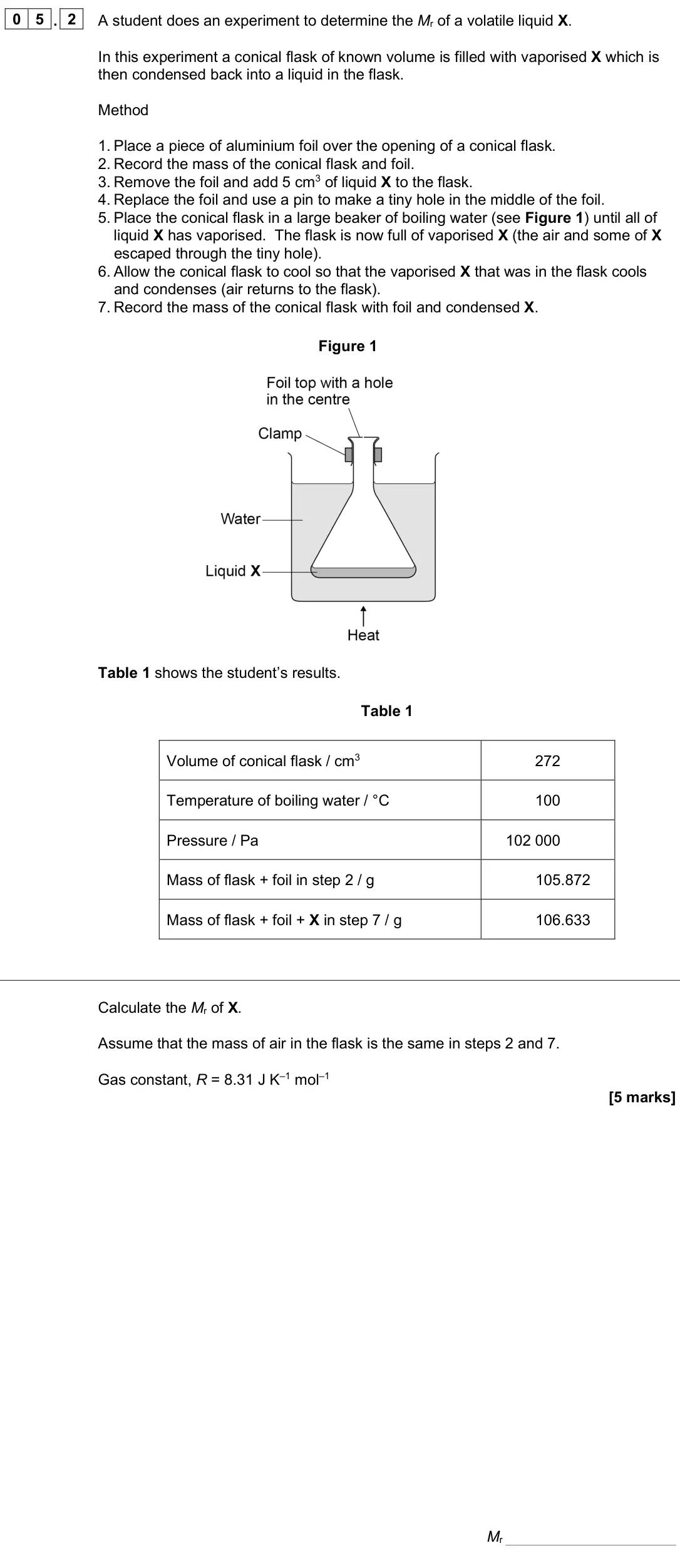 June 2025 AS Paper 2, question 05.2: A student does an experiment to determine the Mr of a volatile liquid X. In this experiment a conical flask of known volume is filled with vaporised X which is 