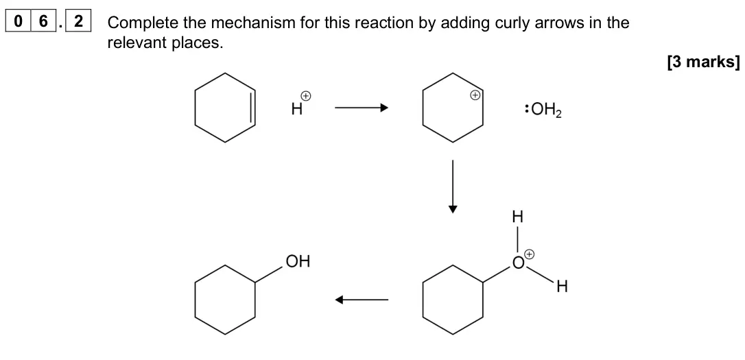 June 2025 AS Paper 2, question 06.2: Complete the mechanism for this reaction by adding curly arrows in the relevant places. [3 marks]