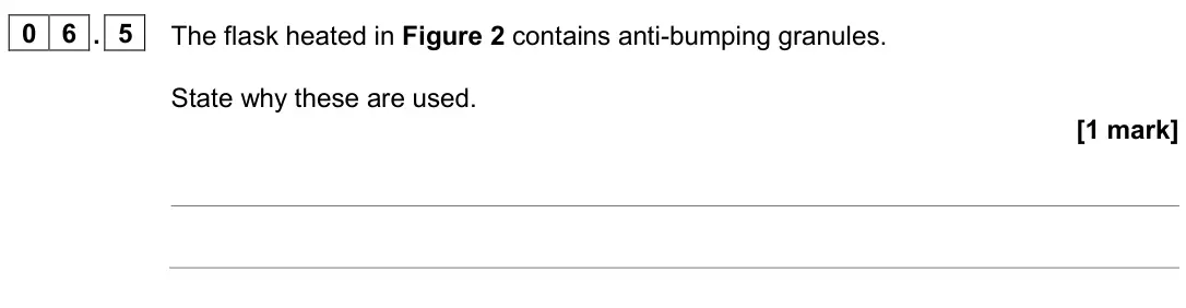 June 2025 AS Paper 2, question 06.5: The flask heated in Figure 2 contains anti-bumping granules. State why these are used. [1 mark]