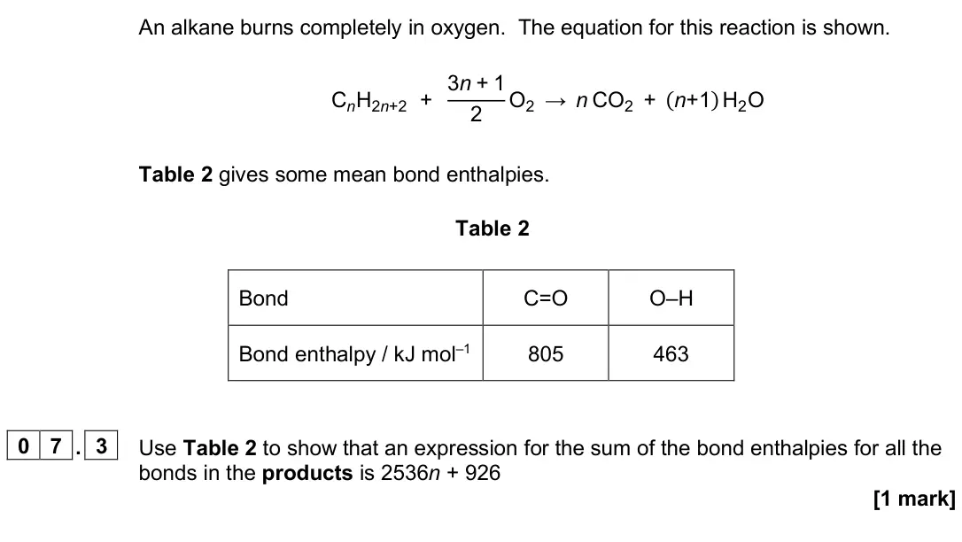 June 2025 AS Paper 2, question 07.3: Use Table 2 to show that an expression for the sum of the bond enthalpies for all the bonds in the products is 2536n + 926 [1 mark]