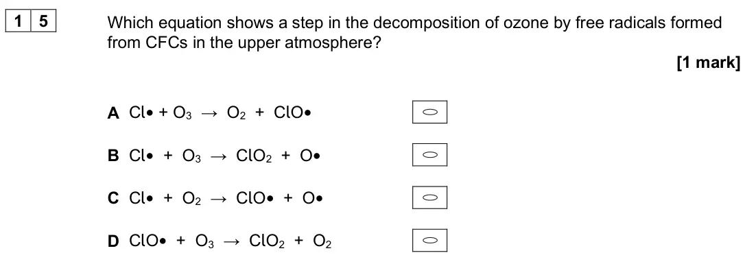 June 2025 AS Paper 2, question 15: Which equation shows a step in the decomposition of ozone by free radicals formed from CFCs in the upper atmosphere? [1 mark] A Cl● + O3 → O2 + ClO● B Cl● + O3 