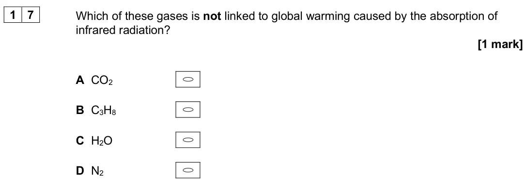 June 2025 AS Paper 2, question 17: Which of these gases is not linked to global warming caused by the absorption of infrared radiation? [1 mark] A CO2 B C3H8 C H2O D N2