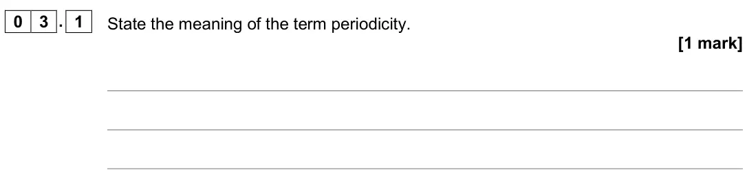 June 2019 Paper 1, question 03.1: State the meaning of the term periodicity. [1 mark]