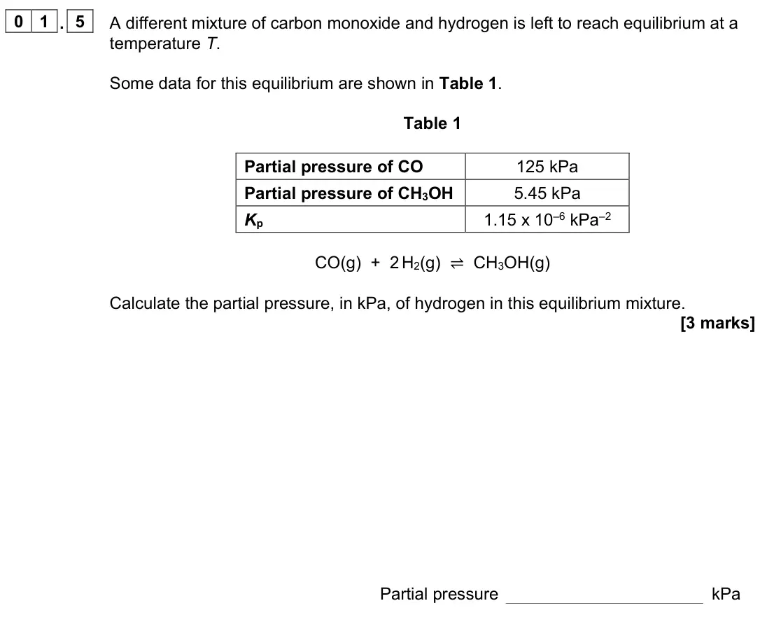 June 2022 Paper 1, question 01.5: A different mixture of carbon monoxide and hydrogen is left to reach equilibrium at a temperature T. Some data for this equilibrium are shown in Table 1. Table 