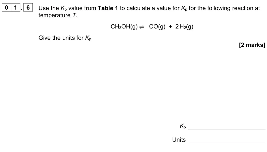 June 2022 Paper 1, question 01.6: Use the Kp value from Table 1 to calculate a value for Kp for the following reaction at temperature T. CH3OH(g) ⇌ CO(g) + 2 H2(g) Give the units for Kp [2 marks