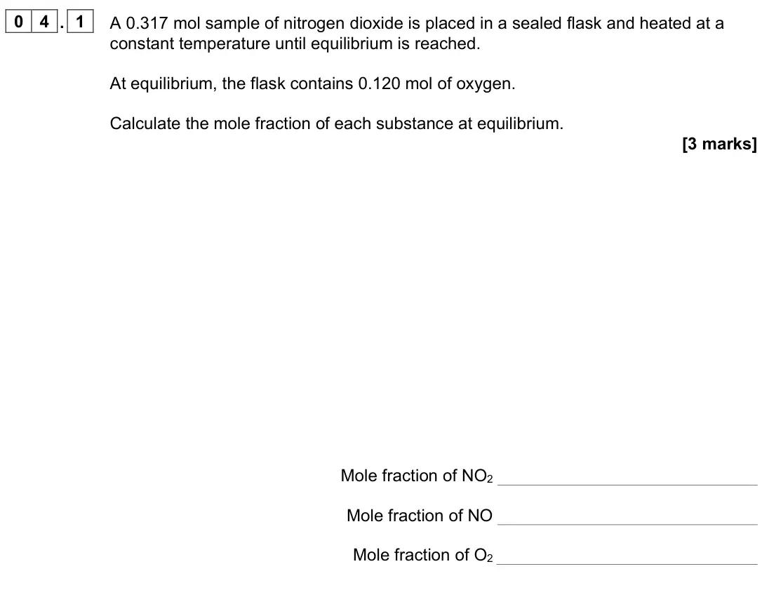 June 2023 Paper 1, question 04.1: A 0.317 mol sample of nitrogen dioxide is placed in a sealed flask and heated at a constant temperature until equilibrium is reached. At equilibrium, the flask 
