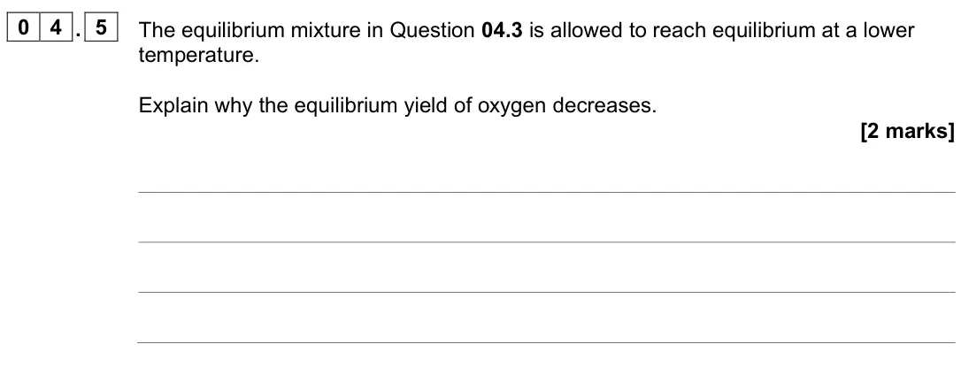 June 2023 Paper 1, question 04.5: The equilibrium mixture in Question 04.3 is allowed to reach equilibrium at a lower temperature. Explain why the equilibrium yield of oxygen decreases. [2 marks