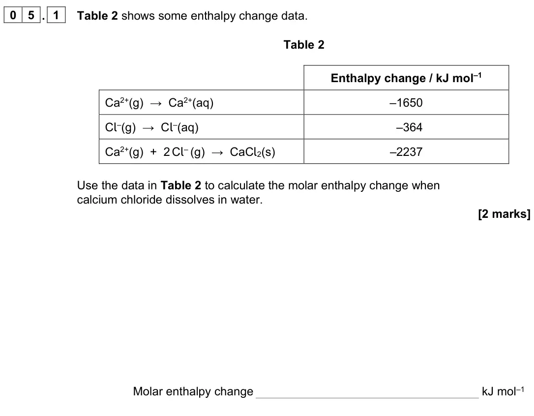 June 2023 Paper 1, question 05.1: Table 2 shows some enthalpy change data. Table 2 Enthalpy change / kJ mol–1 Ca2+(g) → Ca2+(aq) –1650 Cl–(g) → Cl–(aq) –364 Ca2+(g) + 2 Cl– (g) → CaCl2(s) –2237