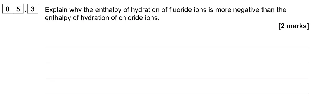 June 2023 Paper 1, question 05.3: Explain why the enthalpy of hydration of fluoride ions is more negative than the enthalpy of hydration of chloride ions. [2 marks]