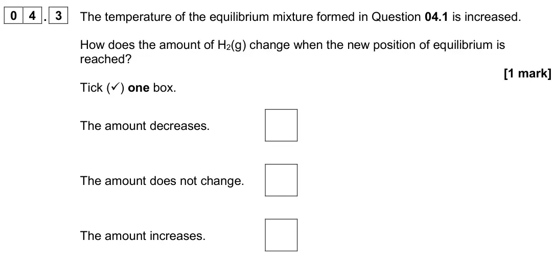 June 2024 Paper 1, question 04.3: The temperature of the equilibrium mixture formed in Question 04.1 is increased. How does the amount of H2(g) change when the new position of equilibrium is rea