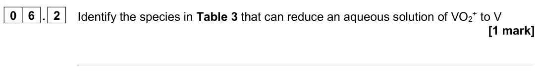 June 2024 Paper 1, question 06.2: Identify the species in Table 3 that can reduce an aqueous solution of VO2+ to V [1 mark]