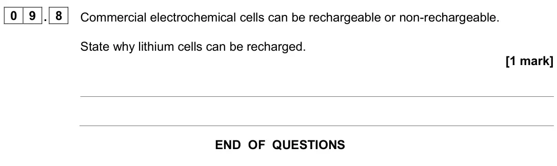June 2024 Paper 1, question 09.8: Commercial electrochemical cells can be rechargeable or non-rechargeable. State why lithium cells can be recharged. [1 mark]