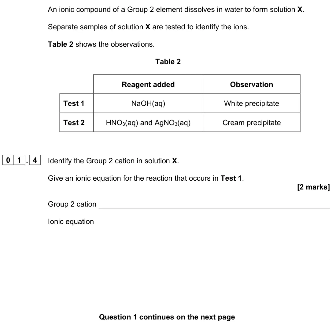 June 2025 Paper 1, question 01.4: Identify the Group 2 cation in solution X. Give an ionic equation for the reaction that occurs in Test 1. [2 marks] Group 2 cation Ionic equation