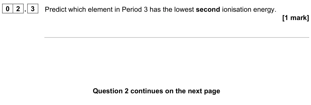 June 2025 Paper 1, question 02.3: Predict which element in Period 3 has the lowest second ionisation energy. [1 mark]
