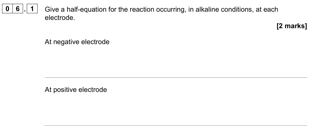 June 2025 Paper 1, question 06.1: Give a half-equation for the reaction occurring, in alkaline conditions, at each electrode. [2 marks] At negative electrode At positive electrode