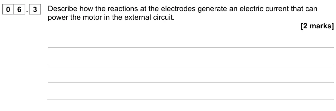June 2025 Paper 1, question 06.3: Describe how the reactions at the electrodes generate an electric current that can power the motor in the external circuit. [2 marks]