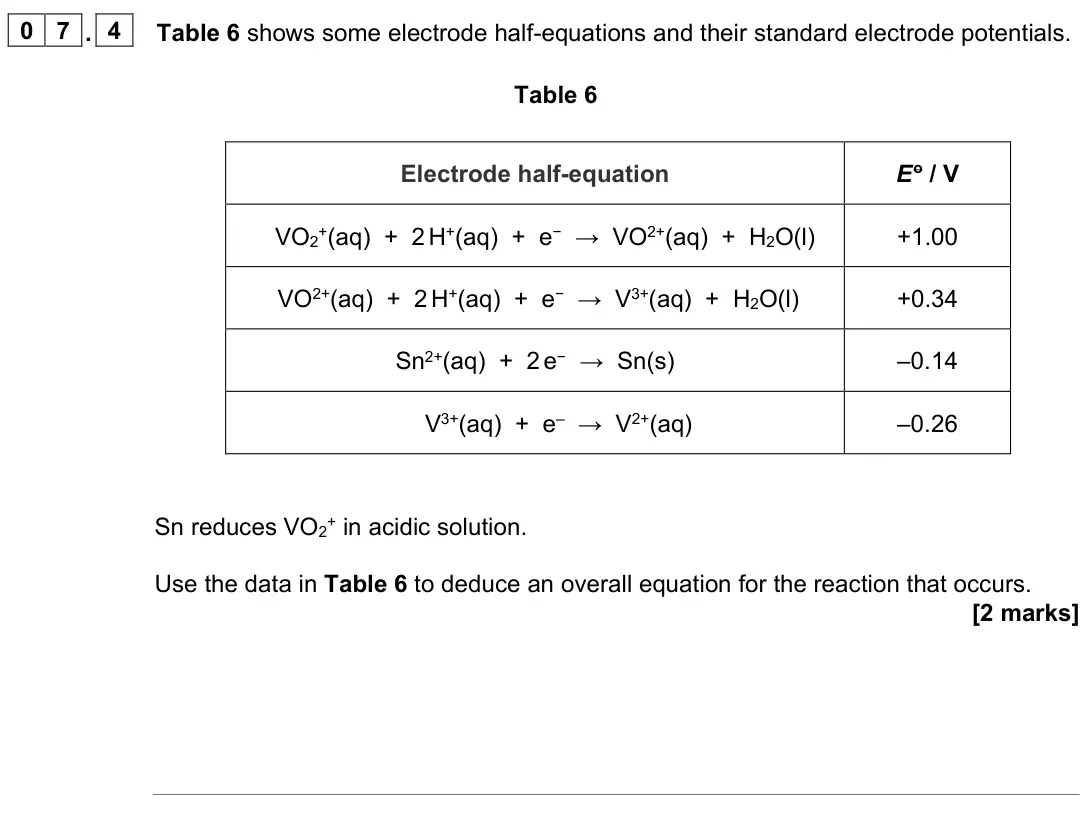 June 2025 Paper 1, question 07.4: Table 6 shows some electrode half-equations and their standard electrode potentials. Table 6 Electrode half-equation E o / V VO2+(aq) + 2 H+(aq) + e− → VO2+(aq)