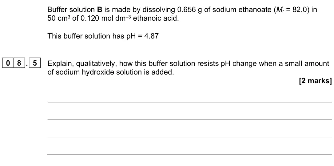 June 2025 Paper 1, question 08.5: Explain, qualitatively, how this buffer solution resists pH change when a small amount of sodium hydroxide solution is added. [2 marks]