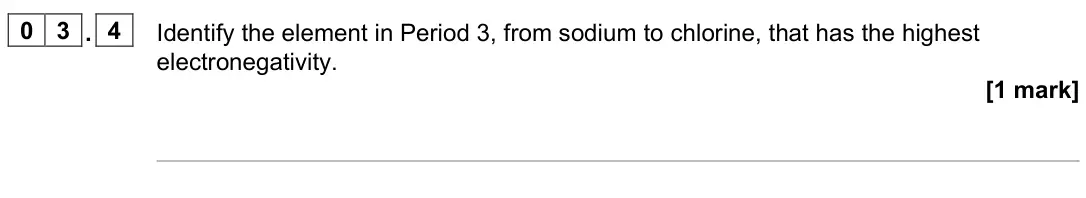 November 2020 Paper 1, question 03.4: Identify the element in Period 3, from sodium to chlorine, that has the highest electronegativity. [1 mark]