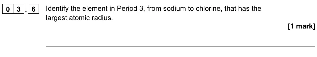 November 2021 Paper 1, question 03.6: Identify the element in Period 3, from sodium to chlorine, that has the largest atomic radius. [1 mark]
