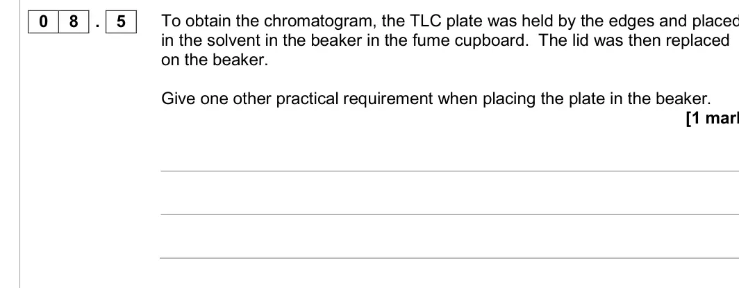 June 2017 Paper 2, question 08.5: To obtain the chromatogram, the TLC plate was held by the edges and placed in the solvent in the beaker in the fume cupboard. The lid was then replaced on the b