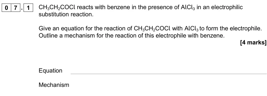 June 2018 Paper 2, question 07.1: CH3CH2COCl reacts with benzene in the presence of AlCl3 in an electrophilic substitution reaction. Give an equation for the reaction of CH3CH2COCl with AlCl3 to