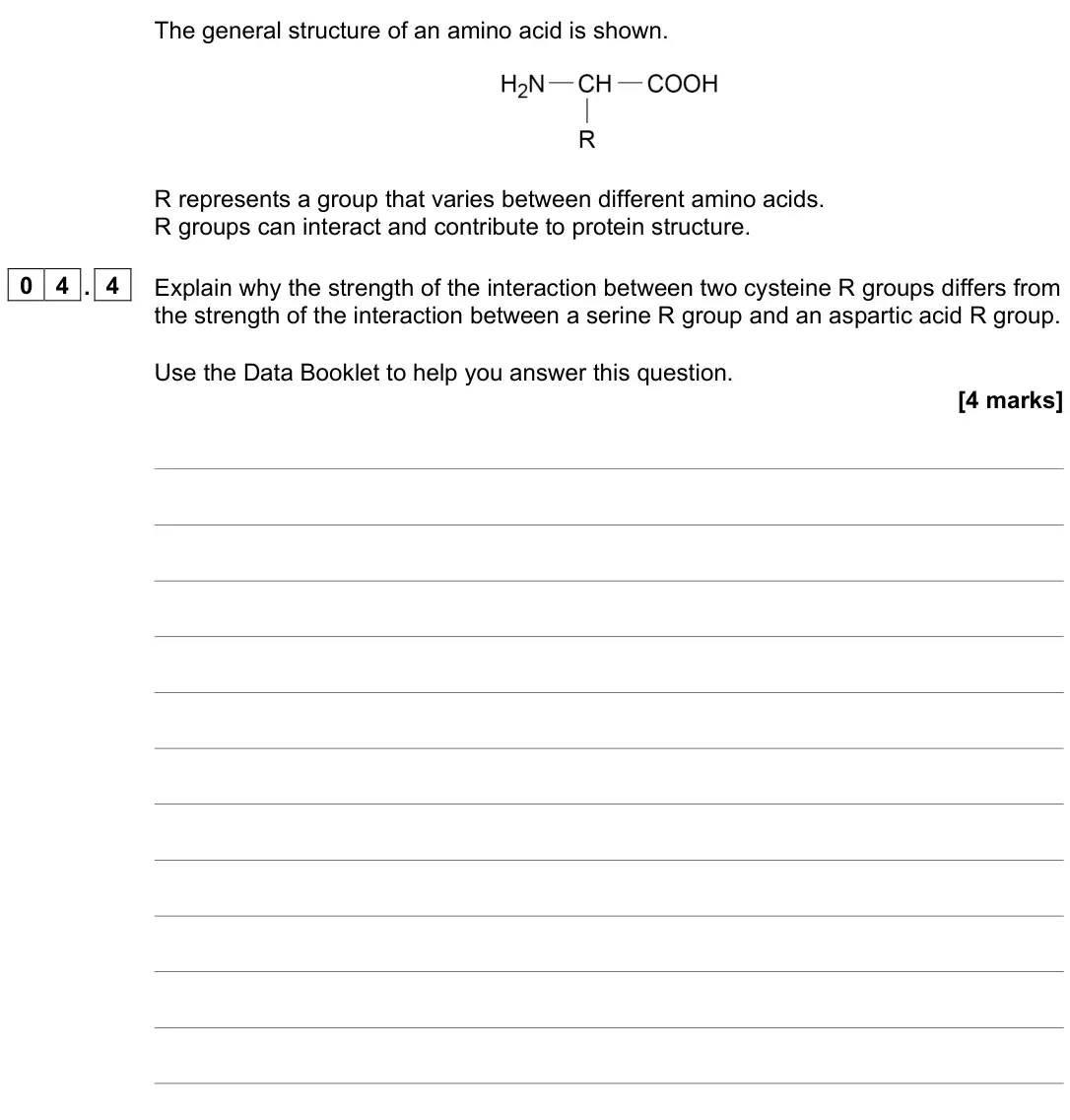 June 2022 Paper 2, question 04.4: Explain why the strength of the interaction between two cysteine R groups differs from the strength of the interaction between a serine R group and an aspartic