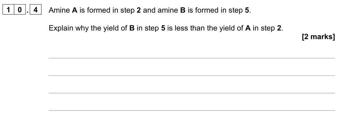 June 2022 Paper 2, question 10.4: Amine A is formed in step 2 and amine B is formed in step 5. Explain why the yield of B in step 5 is less than the yield of A in step 2. [2 marks]