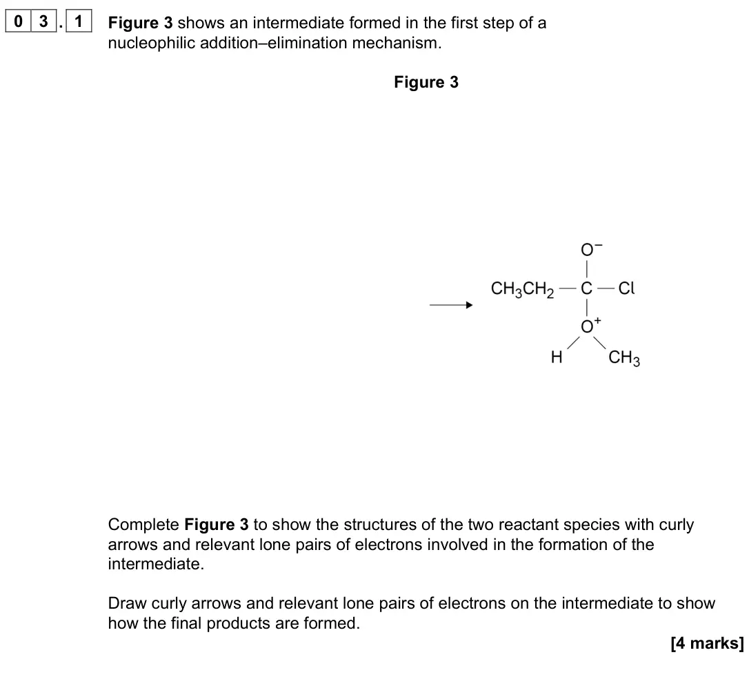 June 2023 Paper 2, question 03.1: Figure 3 shows an intermediate formed in the first step of a nucleophilic addition–elimination mechanism. Figure 3 Complete Figure 3 to show the structures of t