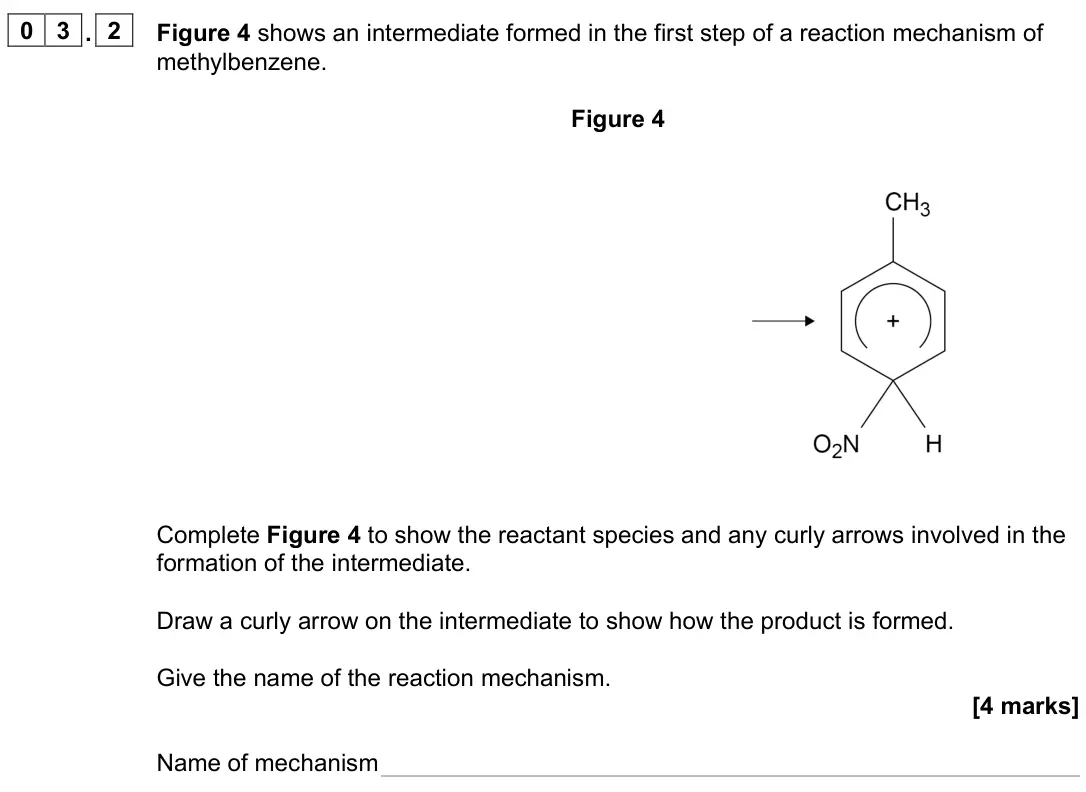 June 2023 Paper 2, question 03.2: Figure 4 shows an intermediate formed in the first step of a reaction mechanism of methylbenzene. Figure 4 Complete Figure 4 to show the reactant species and an