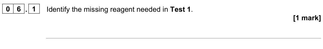 June 2023 Paper 2, question 06.1: Identify the missing reagent needed in Test 1. [1 mark]