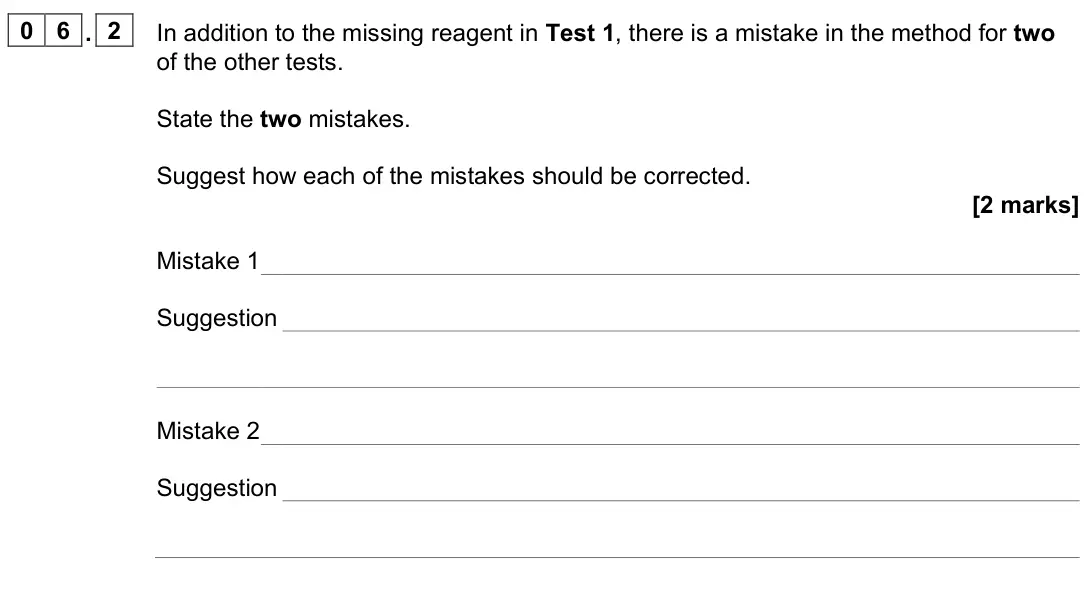 June 2023 Paper 2, question 06.2: In addition to the missing reagent in Test 1, there is a mistake in the method for two of the other tests. State the two mistakes. Suggest how each of the mista