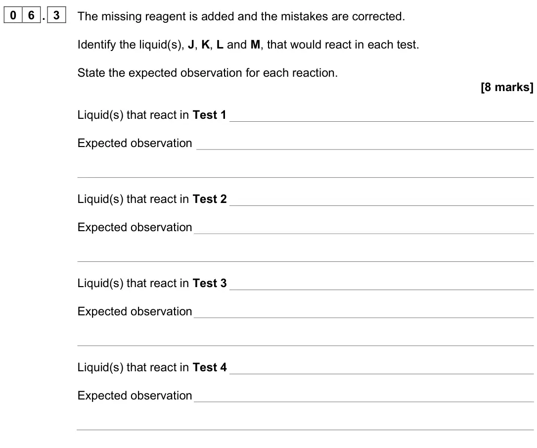 June 2023 Paper 2, question 06.3: The missing reagent is added and the mistakes are corrected. Identify the liquid(s), J, K, L and M, that would react in each test. State the expected observatio