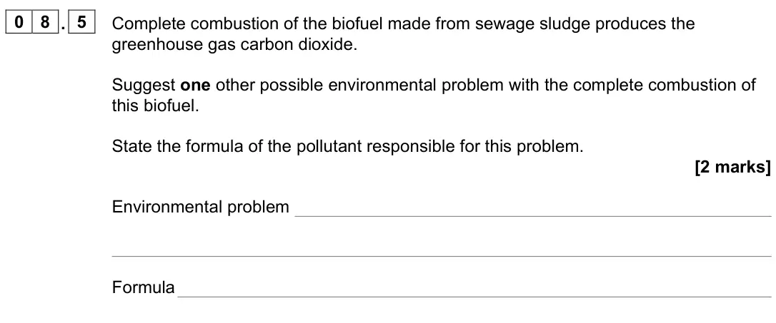 June 2023 Paper 2, question 08.5: Complete combustion of the biofuel made from sewage sludge produces the greenhouse gas carbon dioxide. Suggest one other possible environmental problem with the