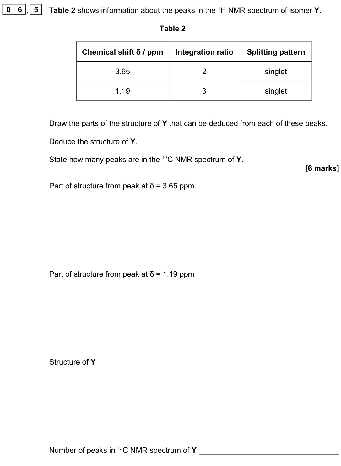 June 2024 Paper 2, question 06.5: Table 2 shows information about the peaks in the 1H NMR spectrum of isomer Y. Table 2 Chemical shift δ / ppm Integration ratio Splitting pattern 3.65 2 singlet 