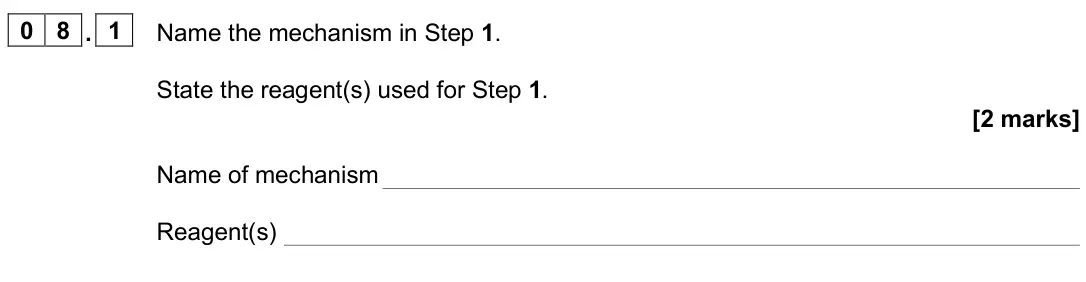 June 2024 Paper 2, question 08.1: Name the mechanism in Step 1. State the reagent(s) used for Step 1. [2 marks] Name of mechanism Reagent(s)