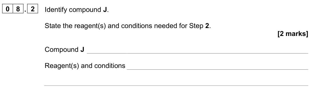 June 2024 Paper 2, question 08.2: Identify compound J. State the reagent(s) and conditions needed for Step 2. [2 marks] Compound J Reagent(s) and conditions