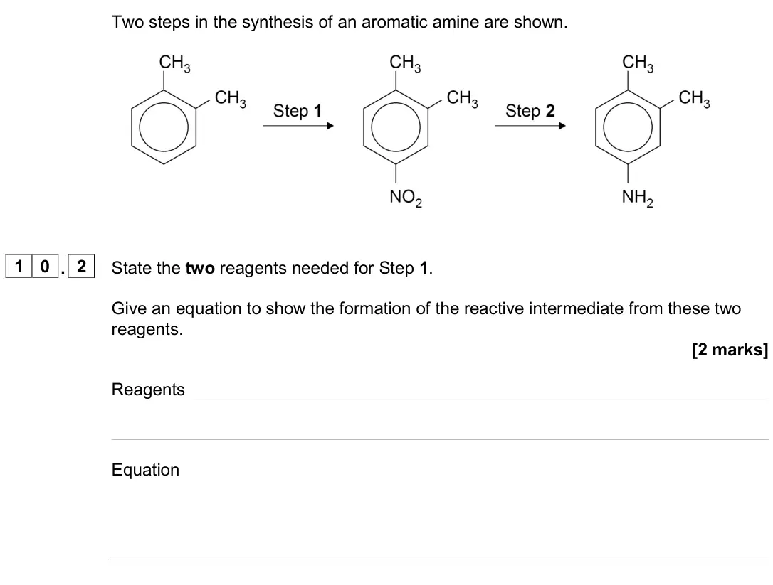 June 2024 Paper 2, question 10.2: State the two reagents needed for Step 1. Give an equation to show the formation of the reactive intermediate from these two reagents. [2 marks] Reagents Equati
