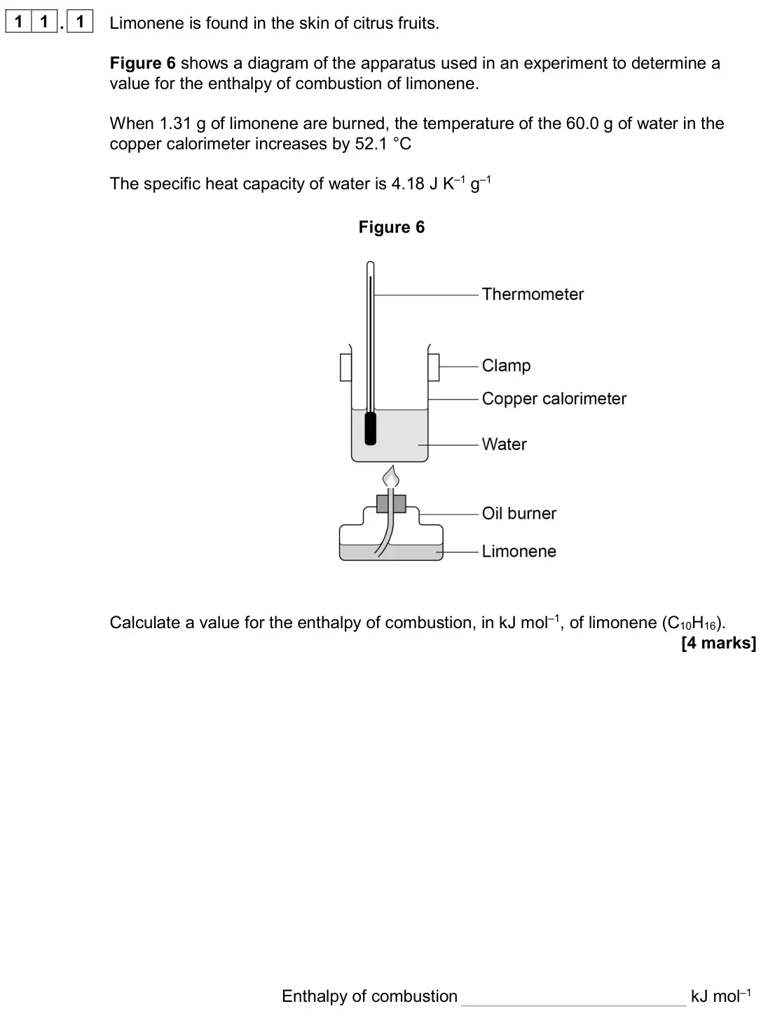 June 2024 Paper 2, question 11.1: Limonene is found in the skin of citrus fruits. Figure 6 shows a diagram of the apparatus used in an experiment to determine a value for the enthalpy of combust