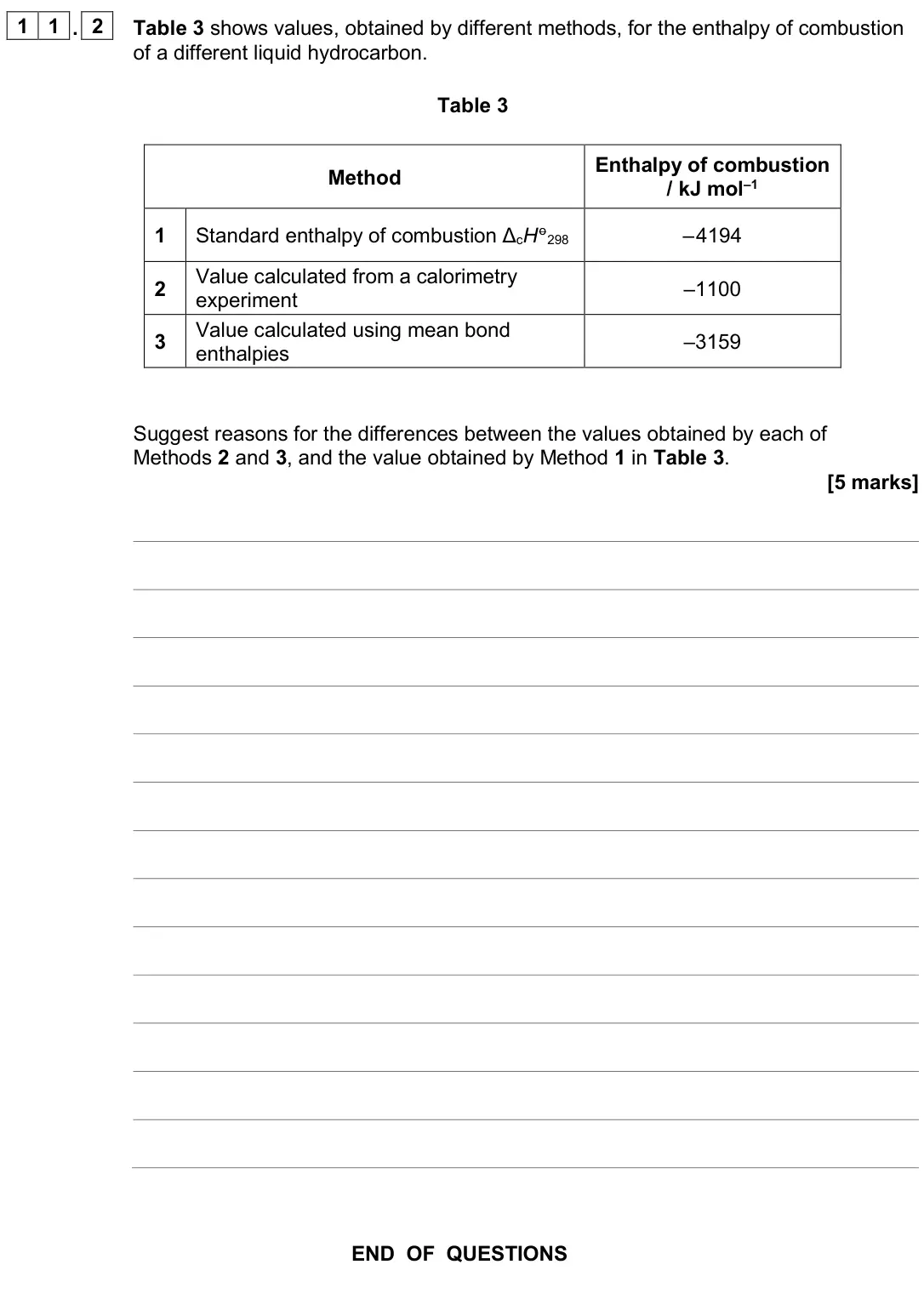 June 2024 Paper 2, question 11.2: Table 3 shows values, obtained by different methods, for the enthalpy of combustion of a different liquid hydrocarbon. Table 3 Method Enthalpy of combustion / k