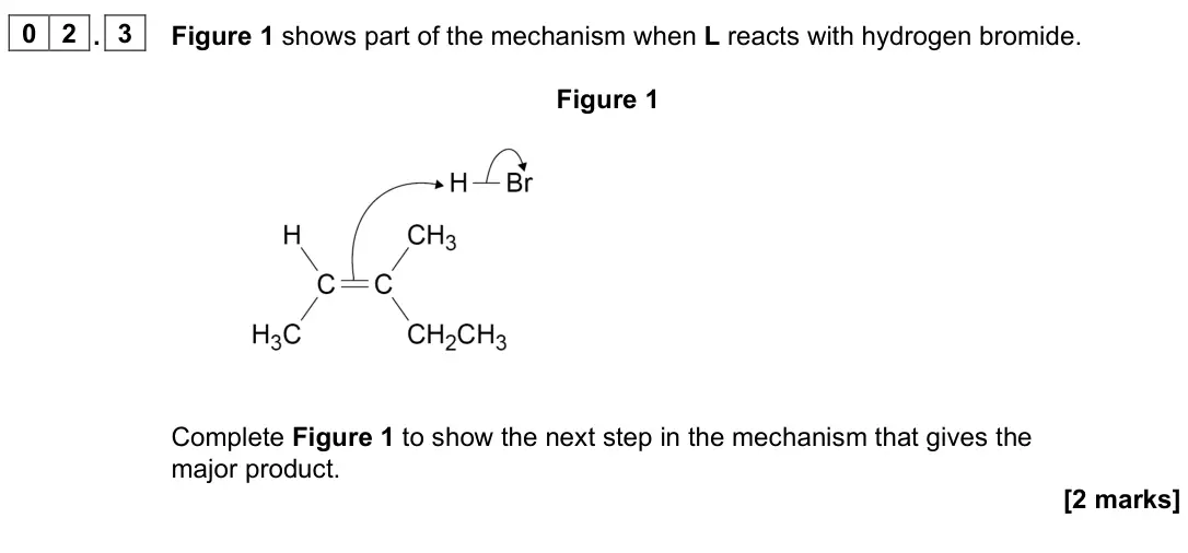 June 2025 Paper 2, question 02.3: Figure 1 shows part of the mechanism when L reacts with hydrogen bromide. Figure 1 Complete Figure 1 to show the next step in the mechanism that gives the major