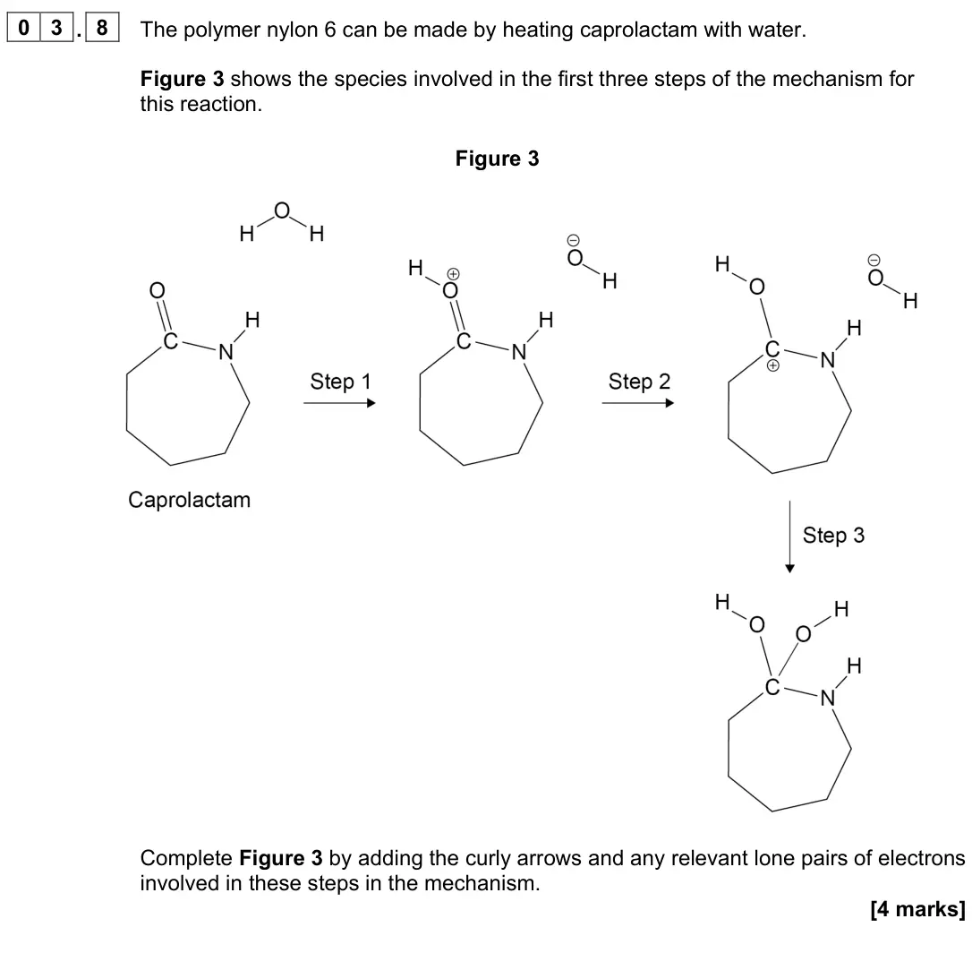June 2025 Paper 2, question 03.8: The polymer nylon 6 can be made by heating caprolactam with water. Figure 3 shows the species involved in the first three steps of the mechanism for this reacti
