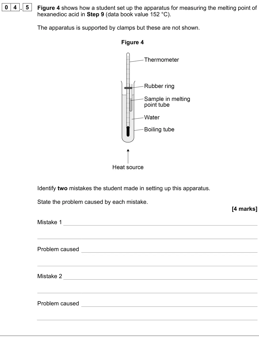 June 2025 Paper 2, question 04.5: Figure 4 shows how a student set up the apparatus for measuring the melting point of hexanedioc acid in Step 9 (data book value 152 °C). The apparatus is suppor