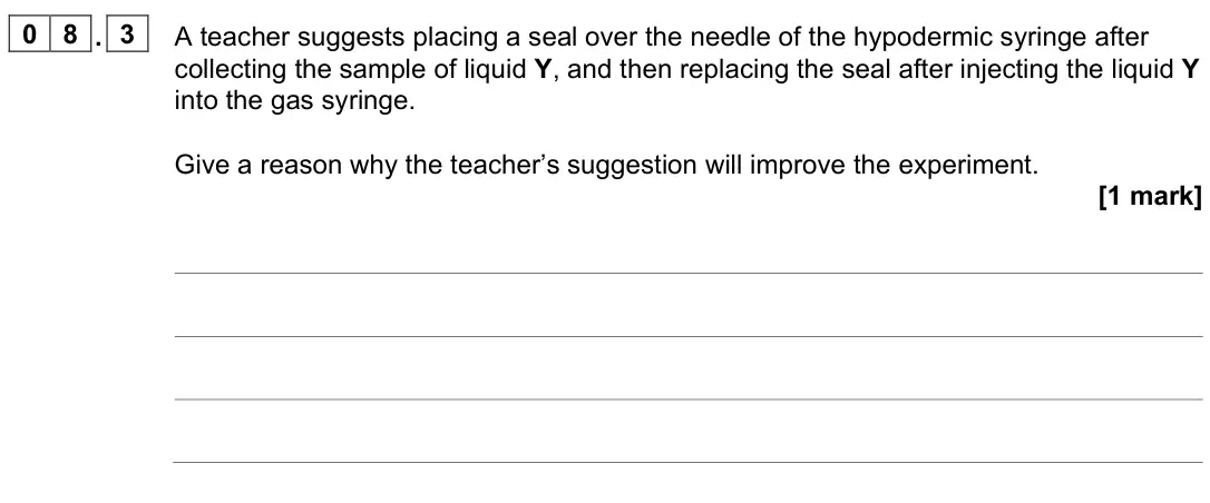 June 2025 Paper 2, question 08.3: A teacher suggests placing a seal over the needle of the hypodermic syringe after collecting the sample of liquid Y, and then replacing the seal after injecting