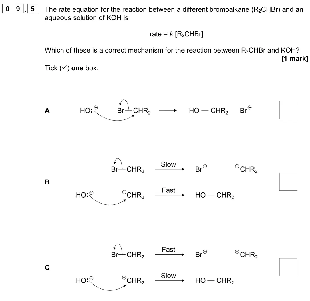 June 2025 Paper 2, question 09.5: The rate equation for the reaction between a different bromoalkane (R2CHBr) and an aqueous solution of KOH is rate = k [R2CHBr] Which of these is a correct mech