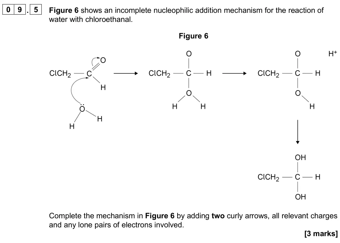 November 2020 Paper 2, question 09.5: Figure 6 shows an incomplete nucleophilic addition mechanism for the reaction of water with chloroethanal. Figure 6 Complete the mechanism in Figure 6 by adding