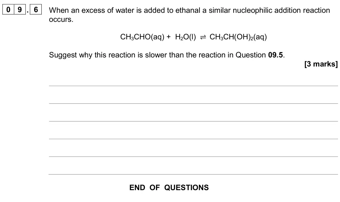 November 2020 Paper 2, question 09.6: When an excess of water is added to ethanal a similar nucleophilic addition reaction occurs. CH3CHO(aq) + H2O(l) ⇌ CH3CH(OH)2(aq) Suggest why this reaction is s